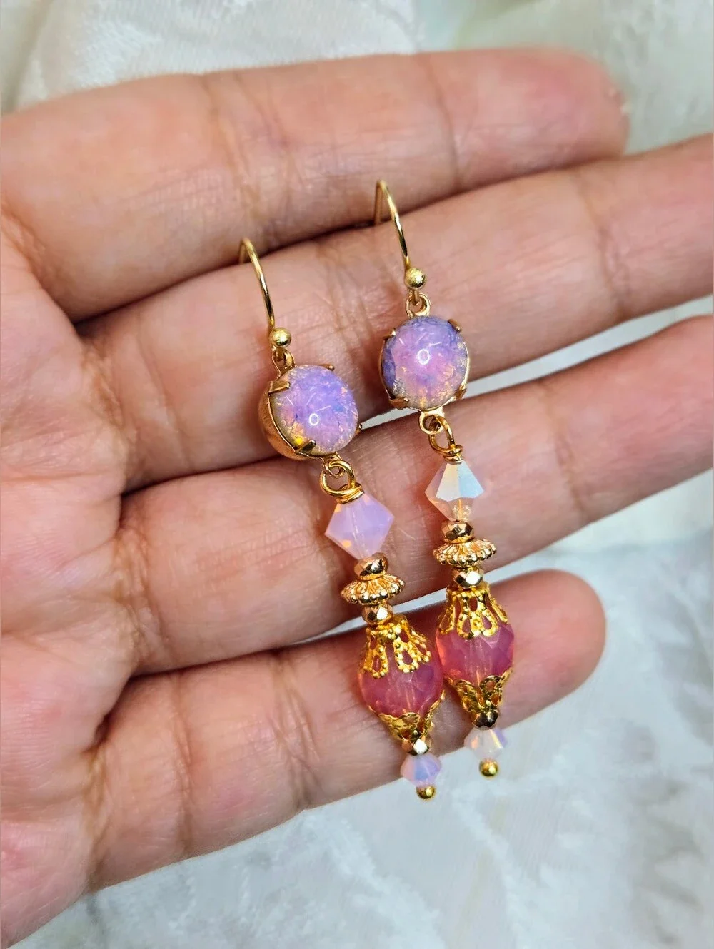 Victorian Delicate & Dainty Pink Opal Swarovski & Glass In Gold Plated Earrings